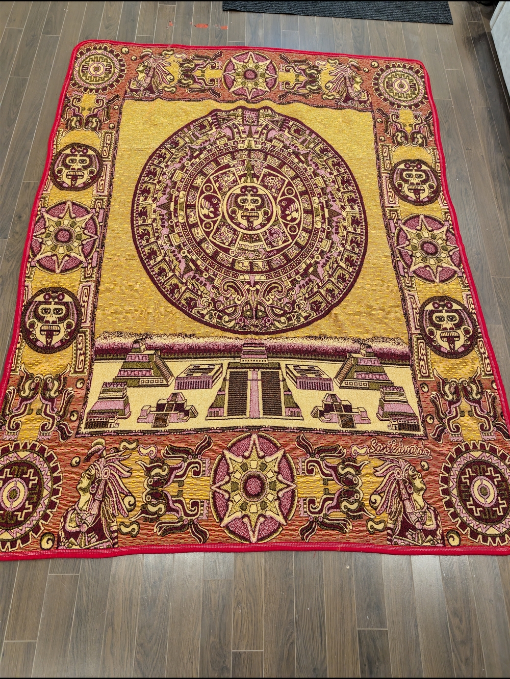 Vintage San Eduardo Mayan Aztec  Throw Blanket  - Gold and Red  Design